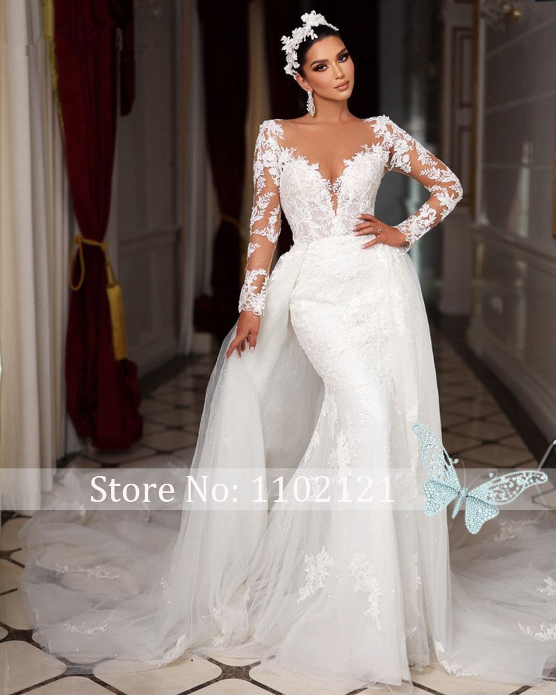 New Romantic Scoop Neck Beading Long Sleeves Mermaid Wedding Dress Gorgeous Appliques Detachable Train Trumpet Bridal Gown O24