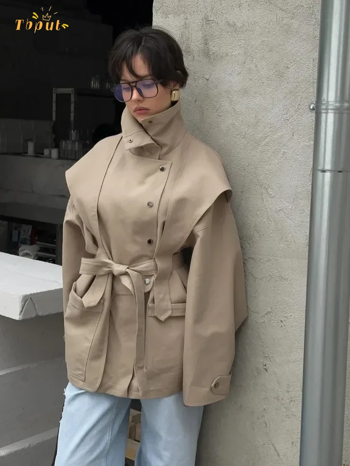 Women Waist Cinching Windbreaker Fashion Solid High Neck Buttons Long Sleeve Singlebreasted Coats Lady Street Jacket 251021