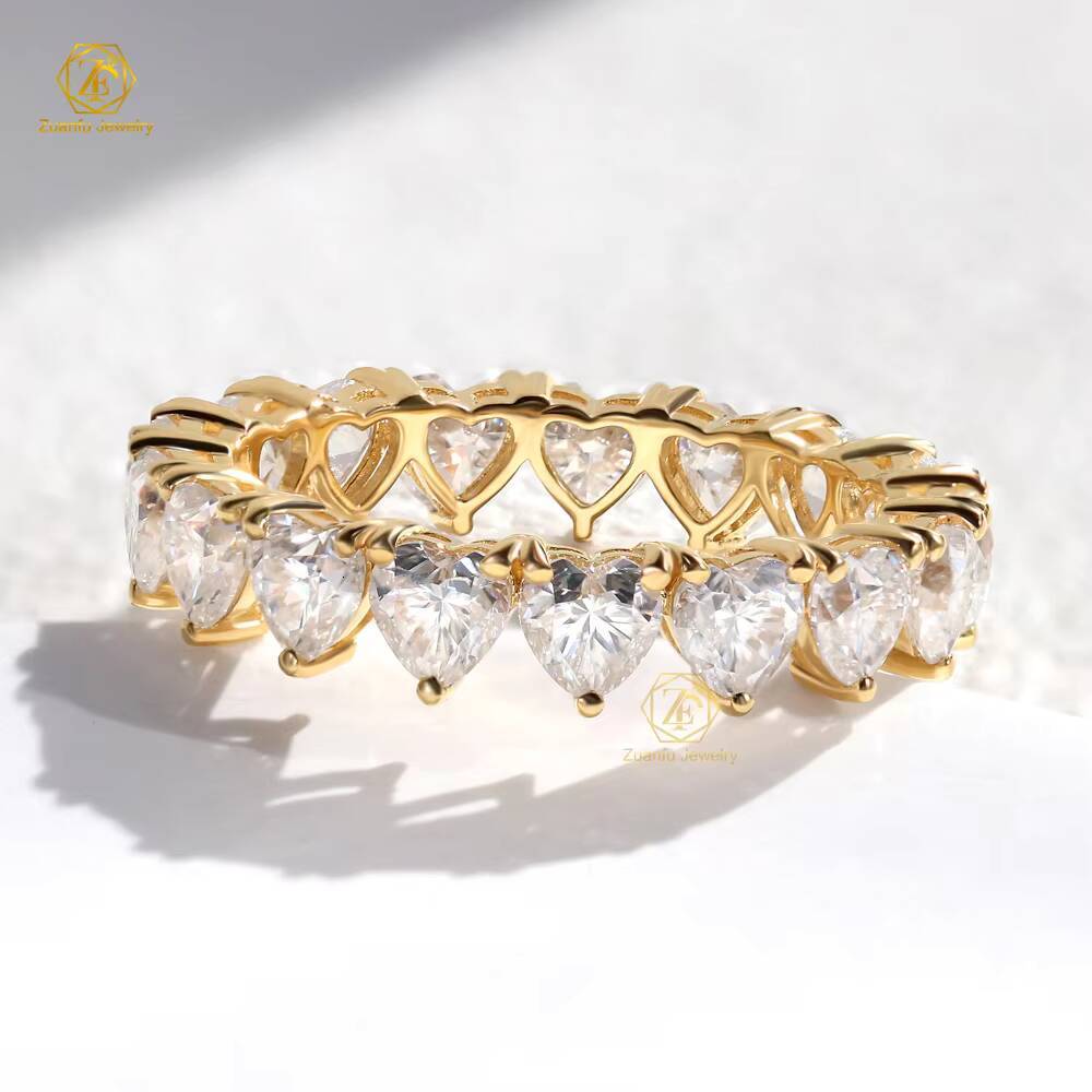 Custom Pure Diamond Tennis Eternity Jewelry Band Heart Moissanite 18K Soild Gold Wedding Bands Rings