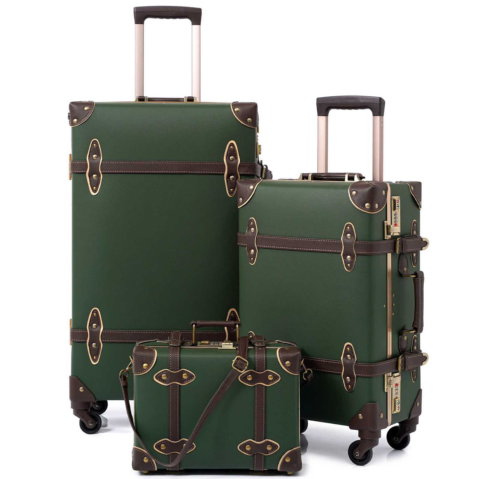 urecity Vintage Luggage Set 3 Piece Retro trolley luggage bagTravel Luggage with Spinner Wheels and Beauty Case Army GreenW251024