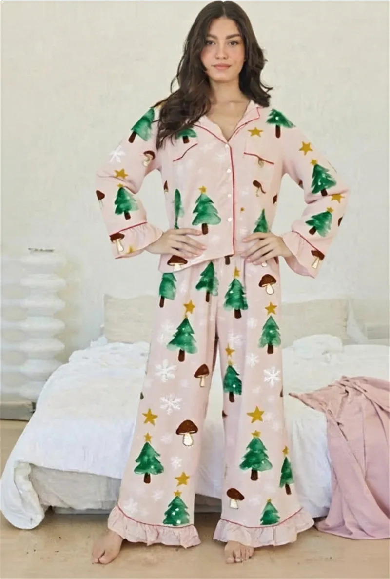 Hirigin Womens Christmas Pajama Set Two Piece Lounge Set with Christmas Trees Stars Mushrooms Ruffled Hems Night Wear Outfits 251020