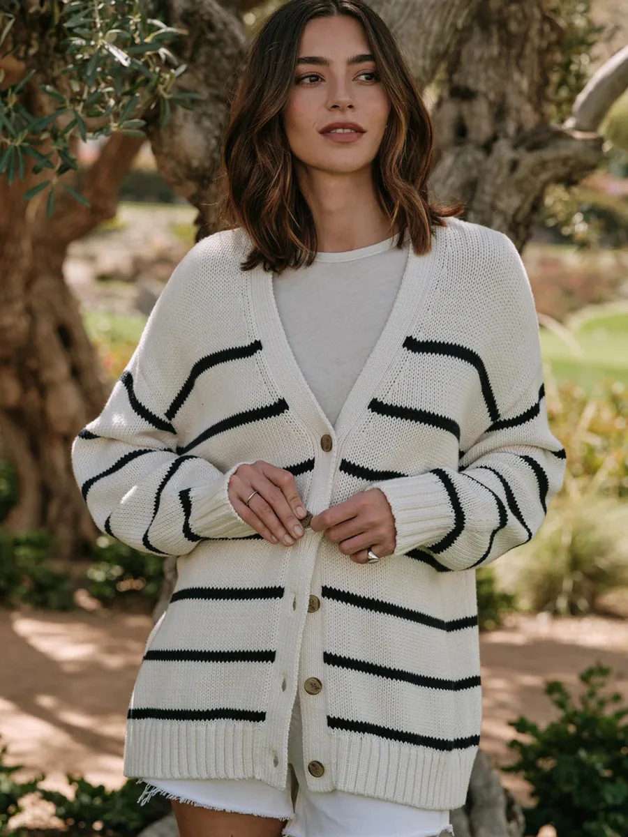 Bornladies Autumn Winter Womens Striped Knit Cardigan V Neck Cotton Thickened Warm Loose Fit Female Sweater Top 251013