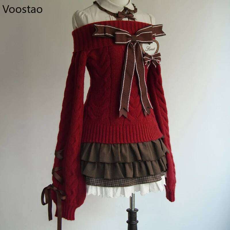 Sweet Lolita Style Christmas Red Knitted Pullover Autumn Winter Women Y2k Slash Neck Bow Sweaters Spice Girl Cute Knitwear Tops