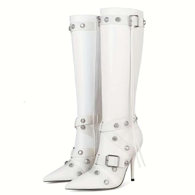Women's Knee Stiletto Studded Gothic Pointed Toe Rivets Tassel Long Boot Sexy High Heel Punk Boots Motorcycle Zipper Party Festival