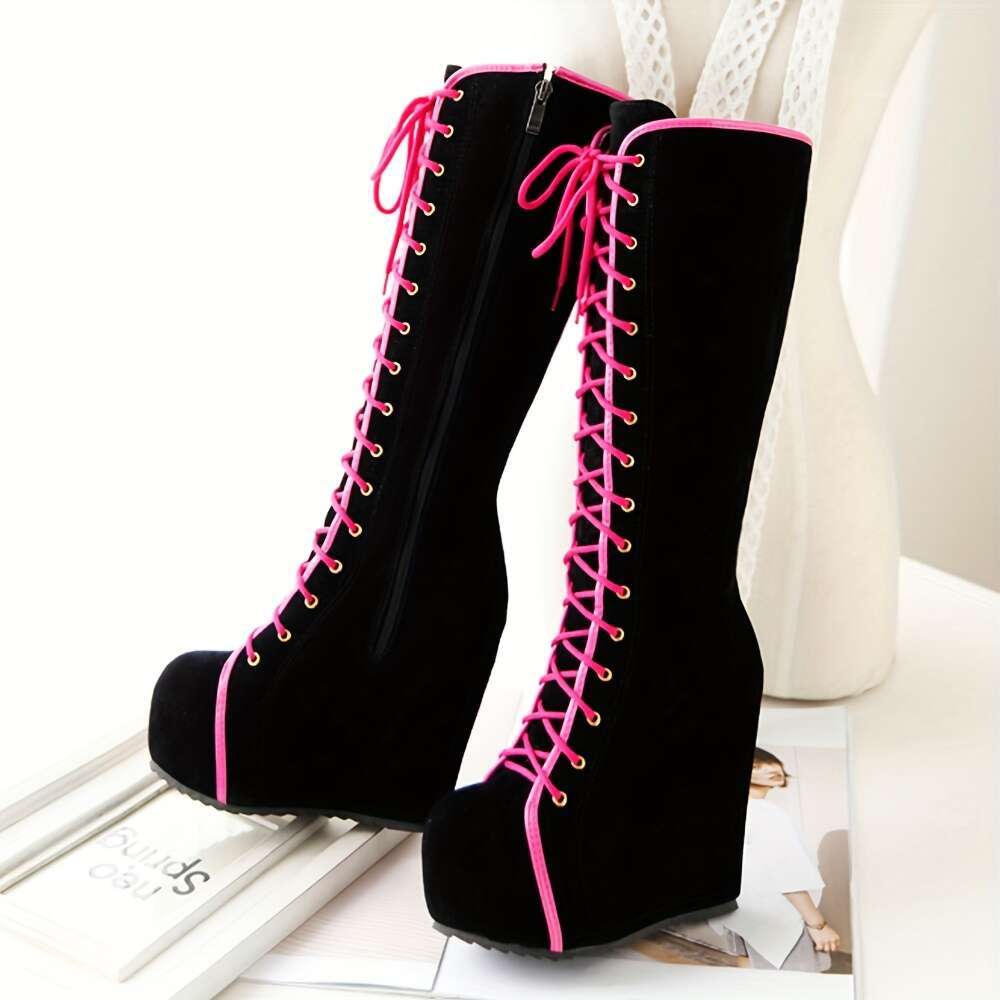EROCALLI Women's Gothic Y2k Platform Wedge Knee-High Boots - Chunky Lace-Up With Side Zipper, Faux Cover Rubber Sole For Casual & Daily Wear, Hig