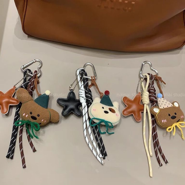 High-End Coffee Brown Cartoon Plush Bear Charm - Cute Doll Pendant, Beaded Chain Keychain for Backpacks