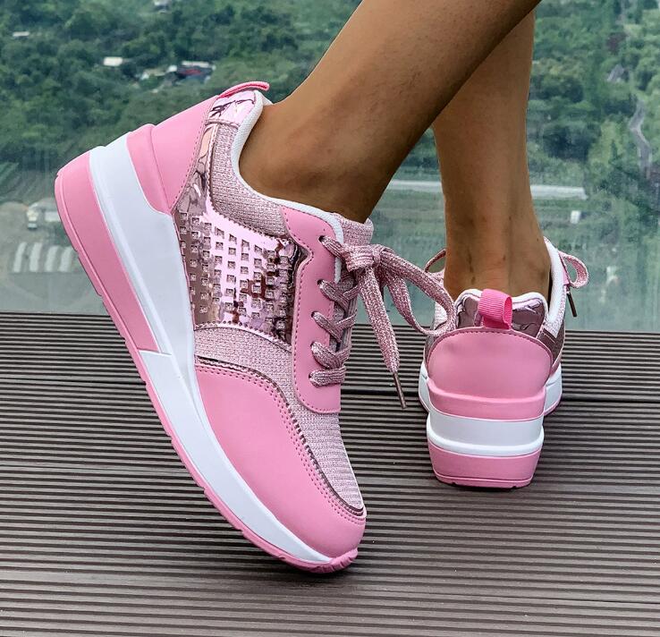 European and American women's wedge heel thick soled sports shoes in large size breathable sequins round toe straps spring and autumn new casual 
