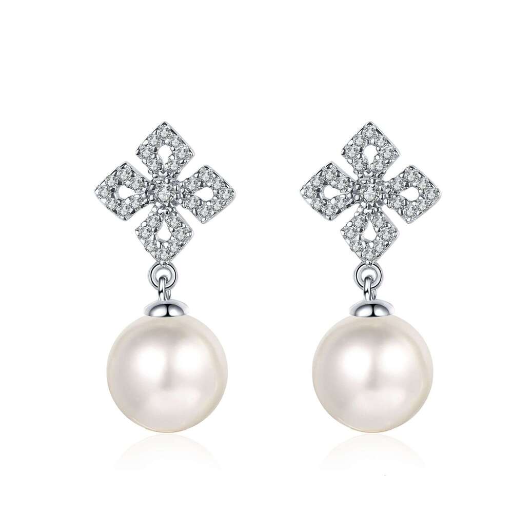DHCollections-- Sterling Sier Women's Crushed Stone 31 Points Moissanite Freshwater Pearl Stud Drop Earrings