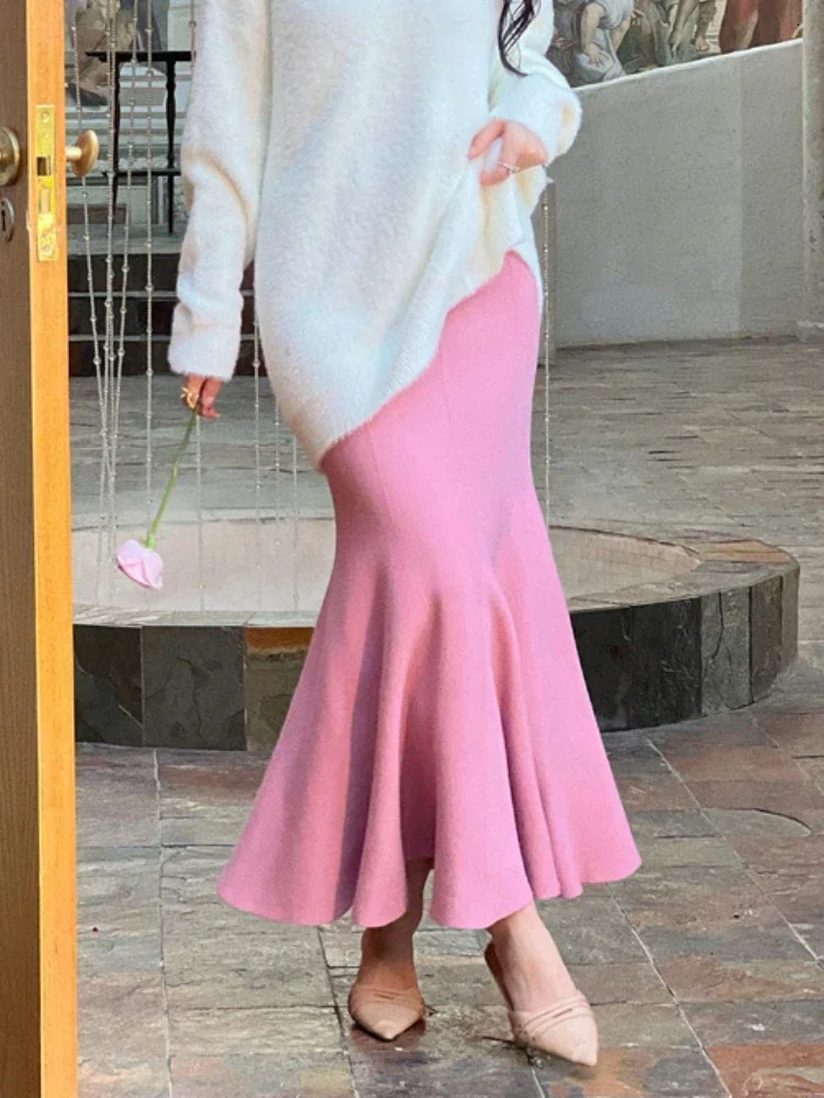 Womens Skirts Autumn Winter Fashion Knitted Long for Women Green Vintage Slim Office Lady ALINE Fishtail Skirt 251017