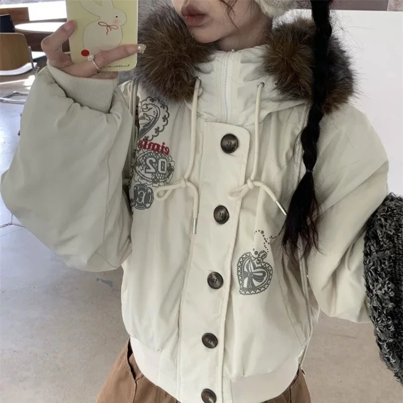 Streetwear Winter Printing Warm Women Parkas Harajuku Loose Casual Fur Patchwork Hooded Jacket Y2k Aesthetic Button Grunge Coat 251023