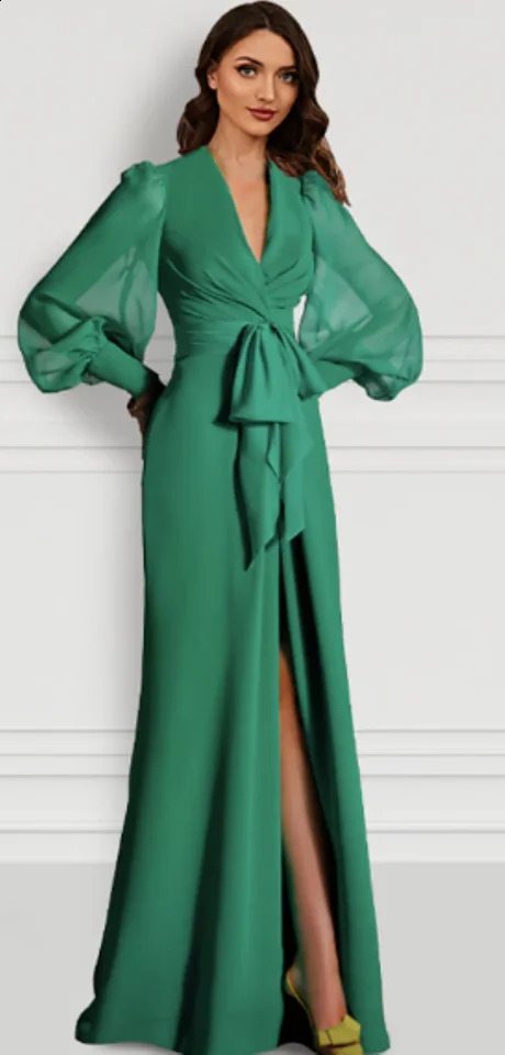 Othray Mermaid Evening Gown Elegant Dress Brush Train Long Sleeve V Neck Fall Wedding Guest Chiffon with Slit Strappy 251023