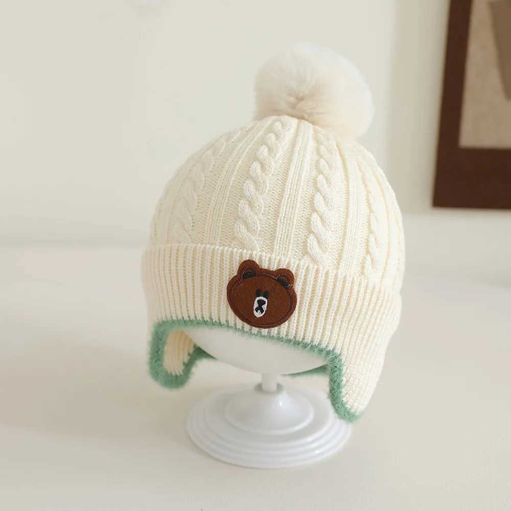 New Autumn Winter Knitted Baby Hat for Girls Boys Toddler Bear Pompom Hat with Earmuffs Outdoor Warm Ear Protection Hat for KidsL251024