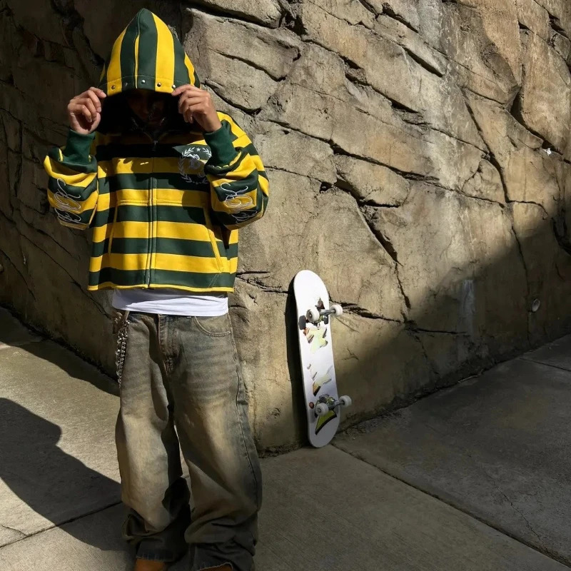 Y2K Retro Stripe Sweatshirt Rivet Embroidery Street Kid Zip Up Hoodie Hip Hop Color Blocking Streetwear Unisex Boxy Clothing 251018