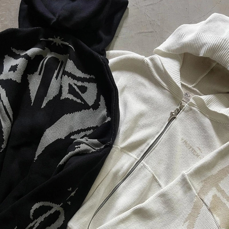 Slate Gray Knitted Zip Up Hoodie Men Y2K Retro Letter Embroider Hip Hop Baggy Casual Sweatshirt Gothic High Street Unisex 251018