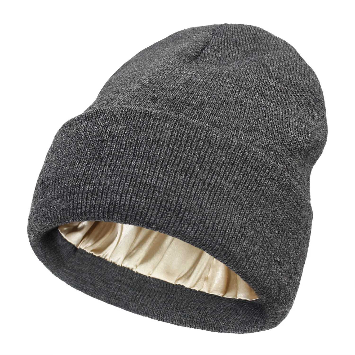 Autumn and Winter Hat Silk Satin Lined Beanies Men and Women Protective Hair Style Warm Knitted Hat Woolen Hat L251024