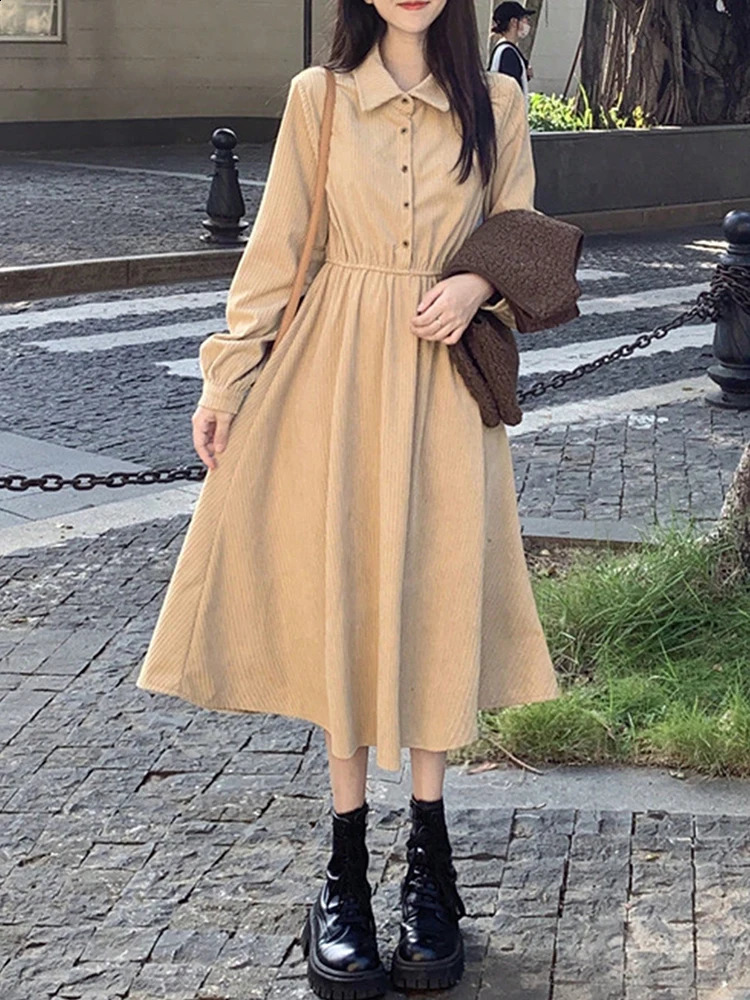 In Dresses Girl Preppy Style Shirt Dress Solid Long Dresses With Sleeves Elegant Womens Dresses 2025 Woman Clothing 251023
