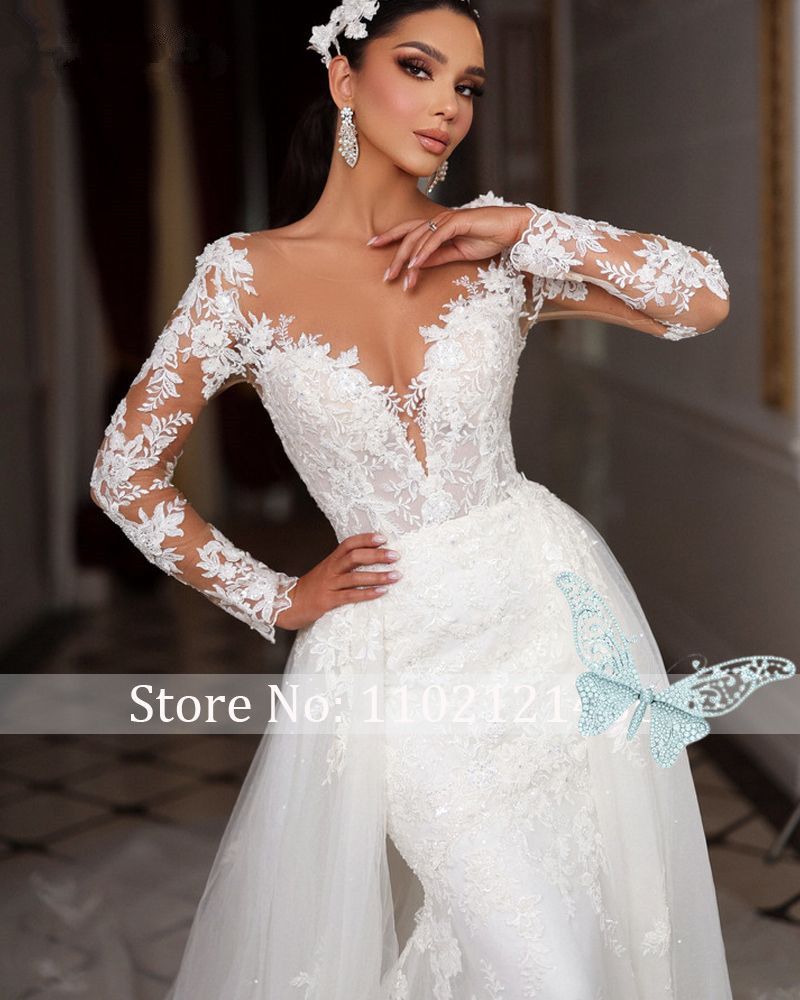 New Romantic Scoop Neck Beading Long Sleeves Mermaid Wedding Dress Gorgeous Appliques Detachable Train Trumpet Bridal Gown O24
