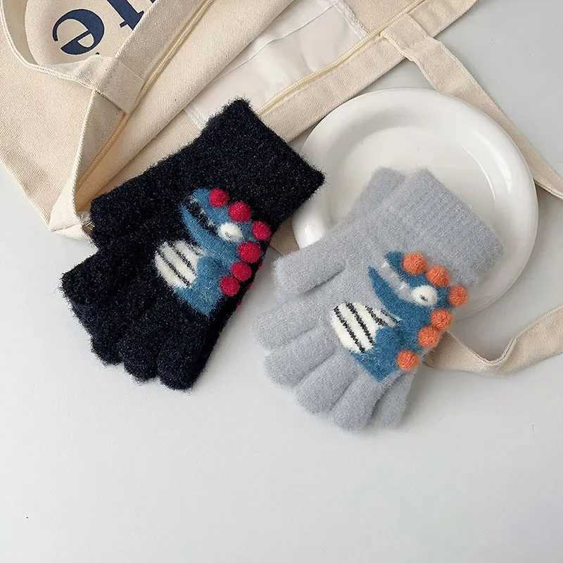 Cartoon Dinosaur Baby Gloves Winter Warm Knitted Five Finger Gloves Outdoor Windproof Kids Boys Girls Mittens Y251024