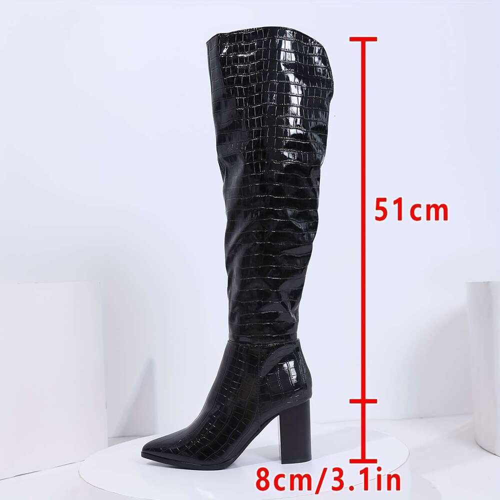 Chic & Trendy Women's Pointed Toe Crocodile Print High Heel - Chunky Heel, Synthetic Cover, Zip Closure, All-Season Dress Footwear, Black Design 