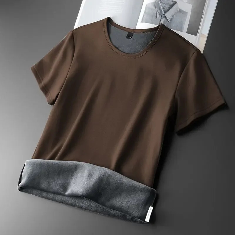 Men Thermal Underwear Tops Fleece Thickened Short Sleeve Slim Round Neck Bottom Shirt Velvet Comfortable Warm Solid Pullover 251018