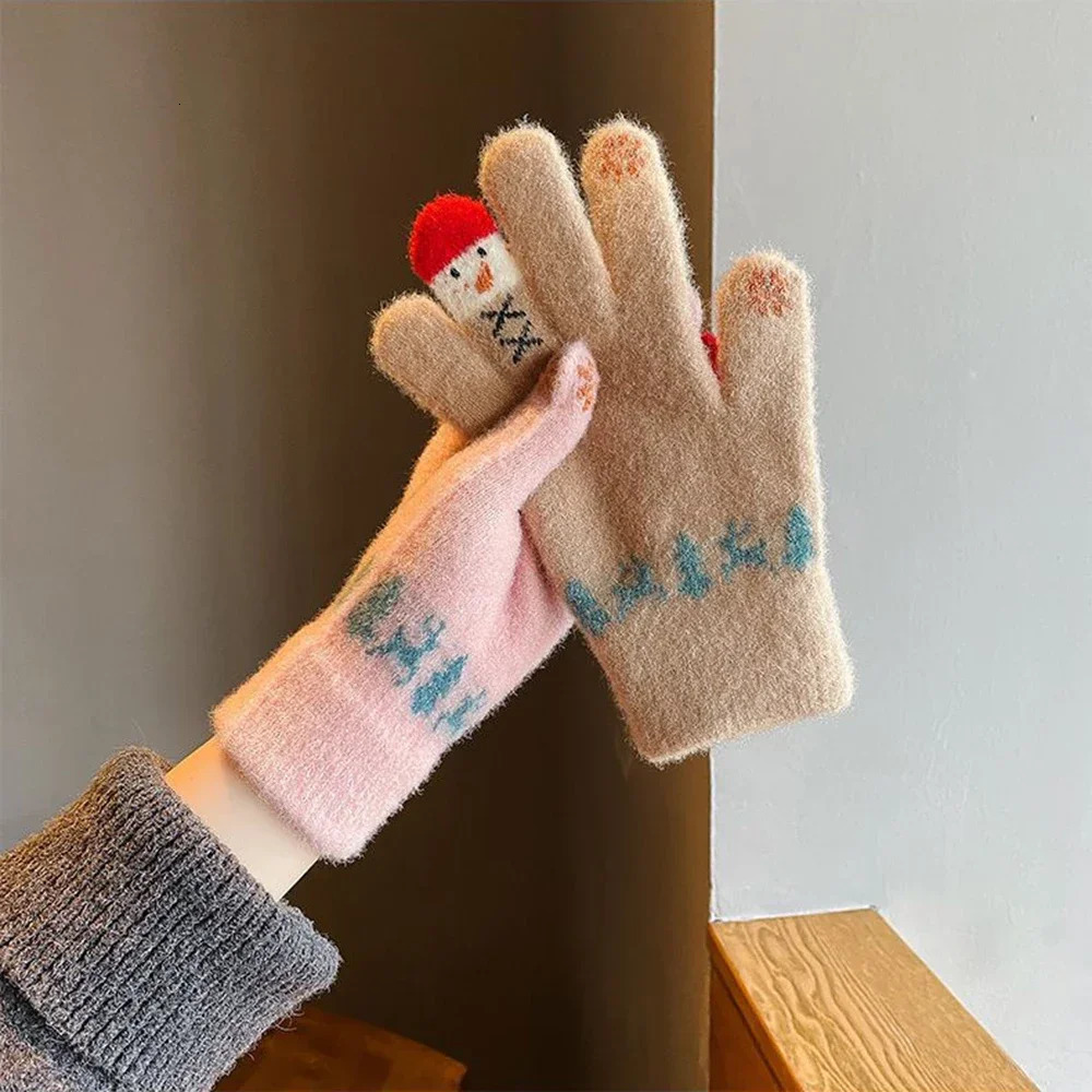 Christmas Snowman Touchscreen Gloves Cute Korean Version Student Crystal Yarn with Velvet Full Finger Warmth Ins Girls Heart 251021