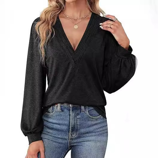 2025 Spring/Summer New Women's Shirt V-neck Casual Long Sleeve Top