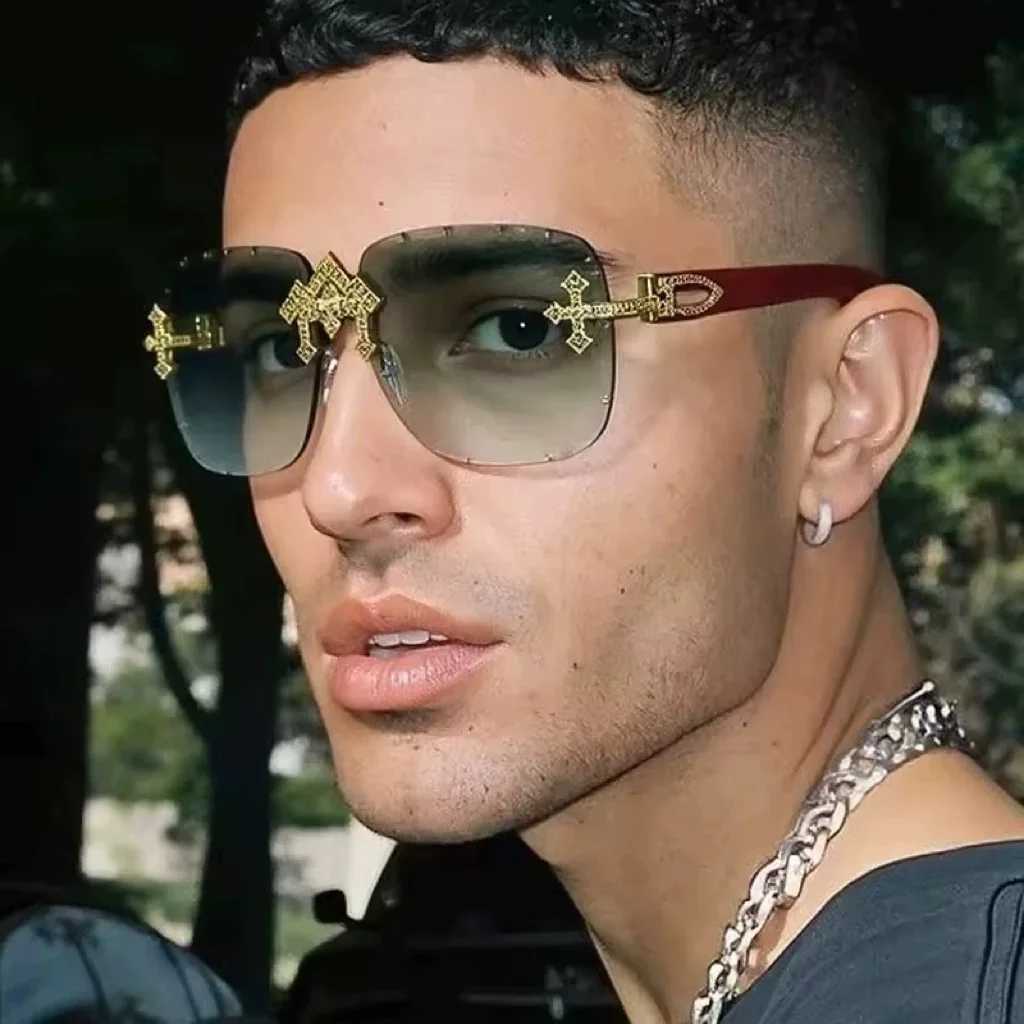 Vintage Rimless Square Cutting Lens Sunglasses Women For Men Luxury Brand Designer Popular Punk Fashion Diamond Cross Sun GlassT251024