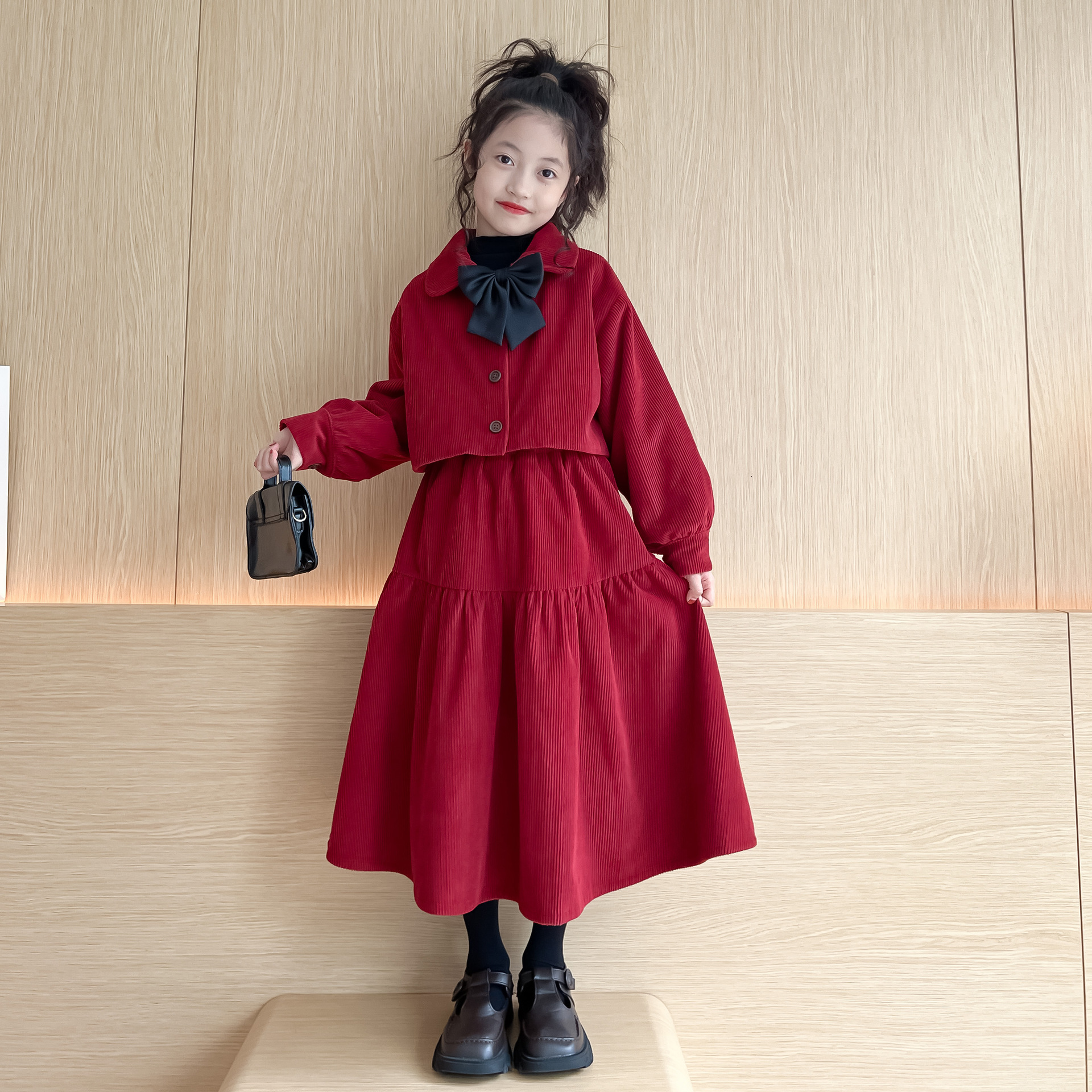 New fashion designer children's clothing girls' plus size set autumn and winter parent-child corduroy solid color skirt set