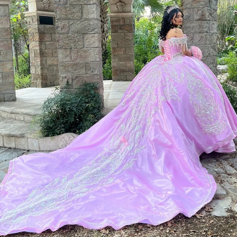 Luxury Pink Princess Crystal Beading Tassel Quinceanera Dresses Ball Gown Sequined Appliques Lace Sweet 15 Anos Mexican