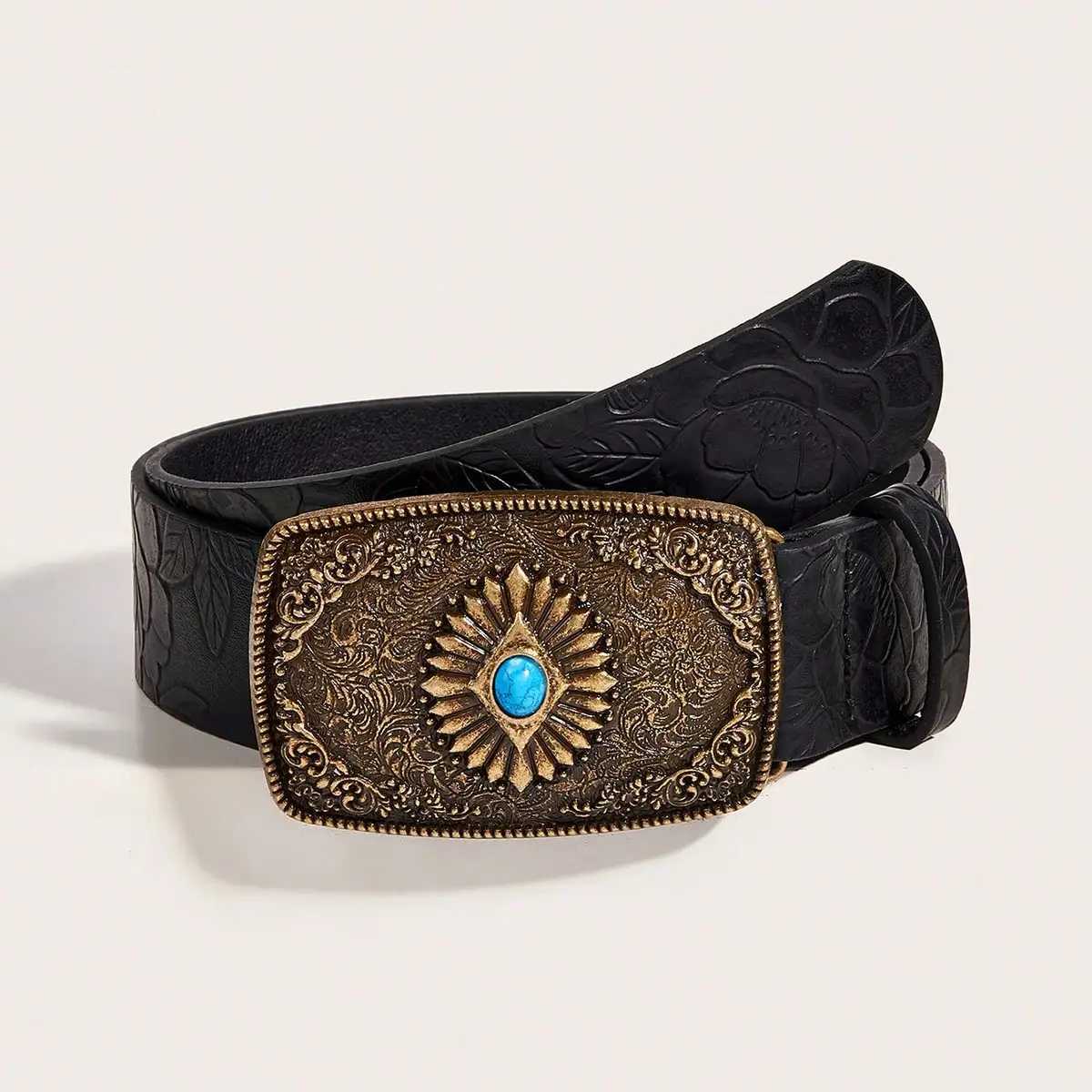 A square buckle set with sapphire PU belt for men and women W251024