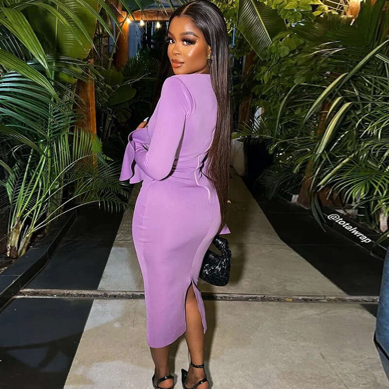 Round Neck Fashion Flared Long Sleeve Pullover Dress Solid Color Mid-Length Slit Irregular Skirt 2026 Style