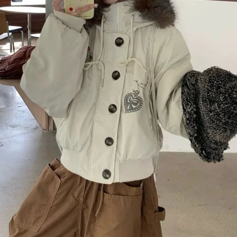 Streetwear Winter Printing Warm Women Parkas Harajuku Loose Casual Fur Patchwork Hooded Jacket Y2k Aesthetic Button Grunge Coat 251023