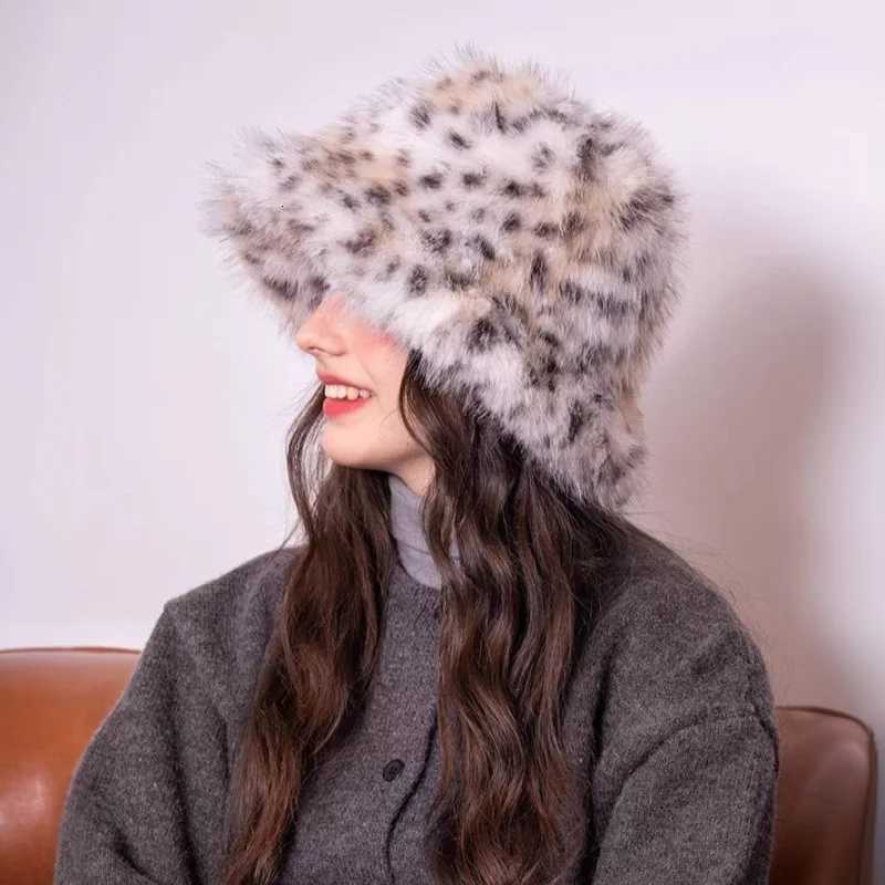 Leopard Plush Fisherman Beanie Hat Korean Style Face Recognition Bucket Hats Big Head Circumference Faux Fur Streetwear CapsL251024