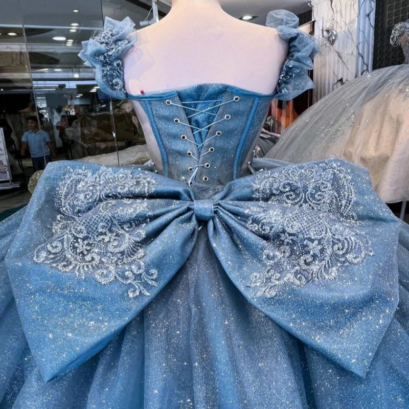 Blue Shiny Quinceanera Dresses Girls Off Shoulder Luxury Tassel Sweet 15 16 Prom Dress Glitter Applique Bow Beaded Ball Gown