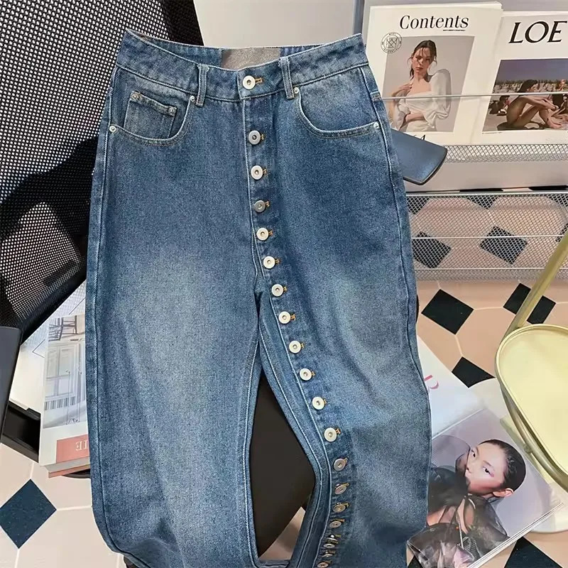 Retro Blue Straight Loose Jeans Spring Autumn Multi Buttons Slim Wide Leg Denim Pants Female Trousers Streetwear 251021
