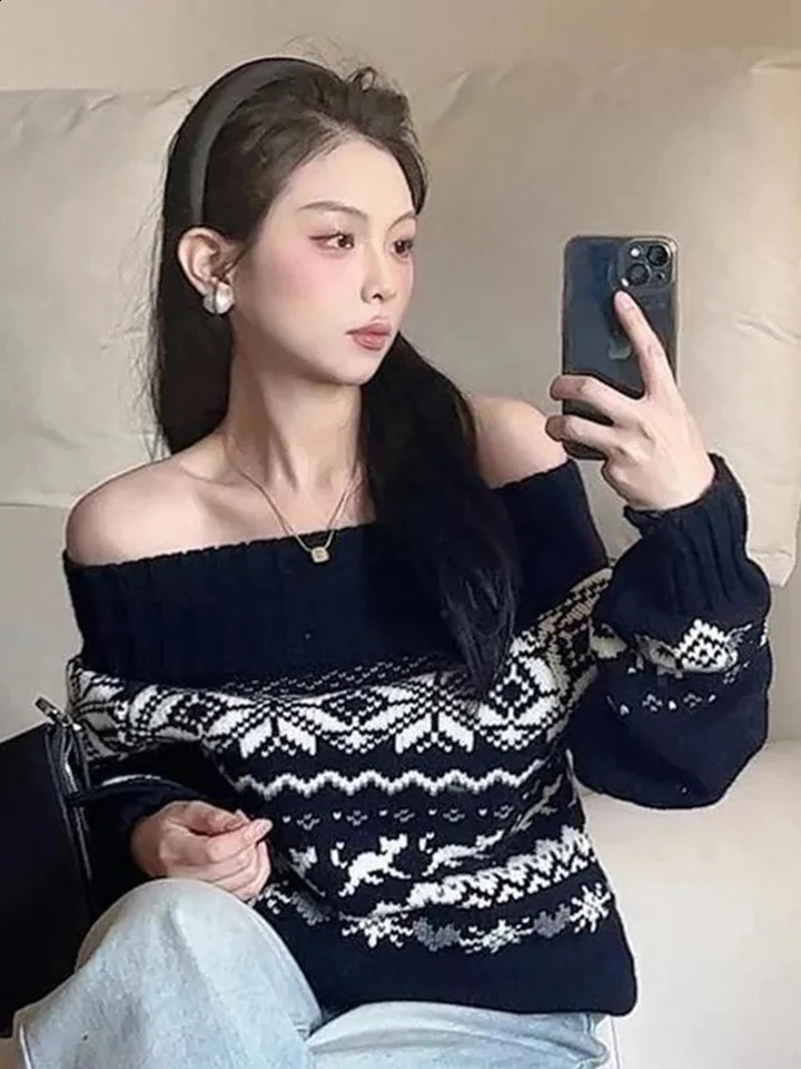 Sweet Jacquard Knit Sweater Women Slash Neck Off Shoulder Long Sleeve Pullovers Vintage Striped Print Korean Harajuku Jumpers 251023