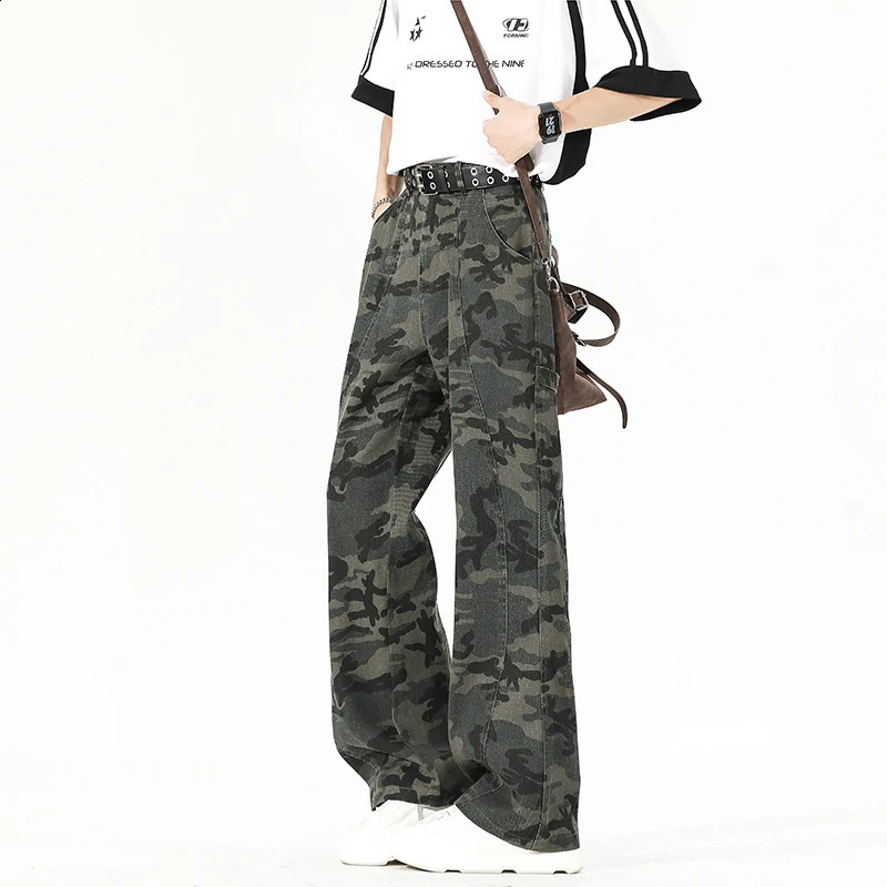 Long Length Casual Jeans American Vintage Autumn Camouflage Workwear Pants 190 Tall Men Flared Trousers 115cm 251018
