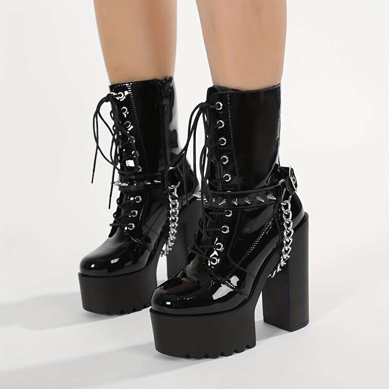 1Pair Halloween Punk Women's With Crisscross Straps, Chains, Rivets, Belt Buckles, Fashionable High-Heeled Boots For Nightclubs And Stages