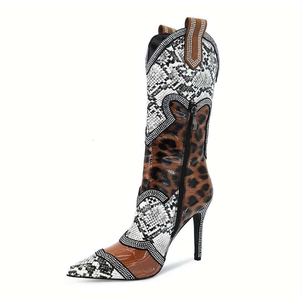Women's Slim High Heels, Color Blocked Rhinestones, Winter Midsole Boots