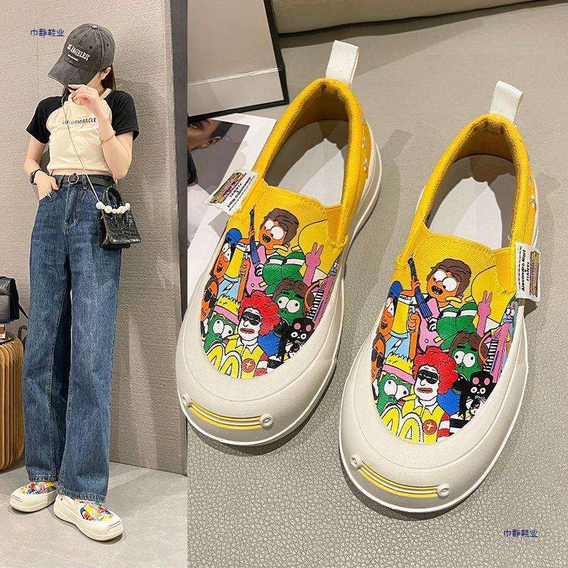 Hand-painted Stylish Canvas Shoes for Women, Loafers, Open Smile Thick-soled Slip-on Shoes, Graffiti Sports Casual Sneakers
