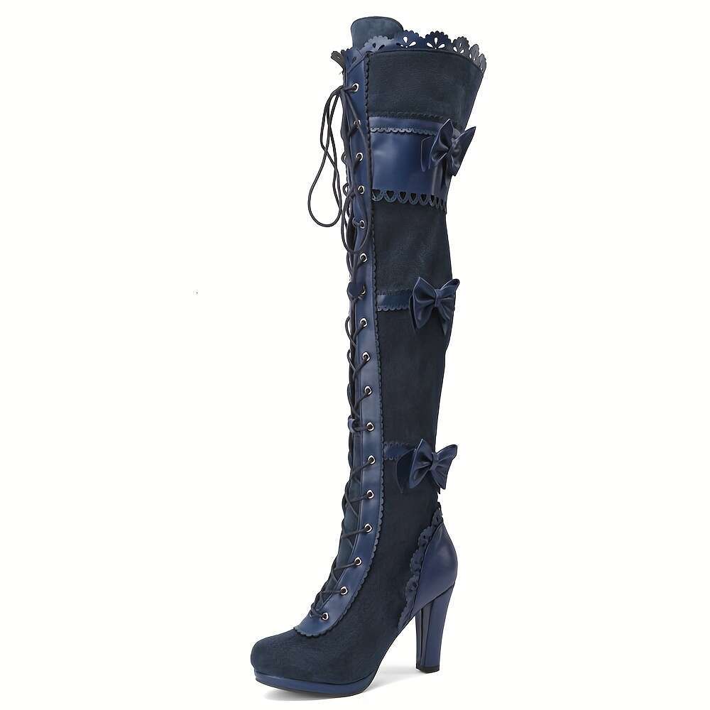 AMINUGAL Women's Steampunk Gothic Pirate - High Heel Over-The-Knee Lace-Up Thigh Boots With Bowknot Detail, Chunky Mid-Heel, PU Cover & Rubber So