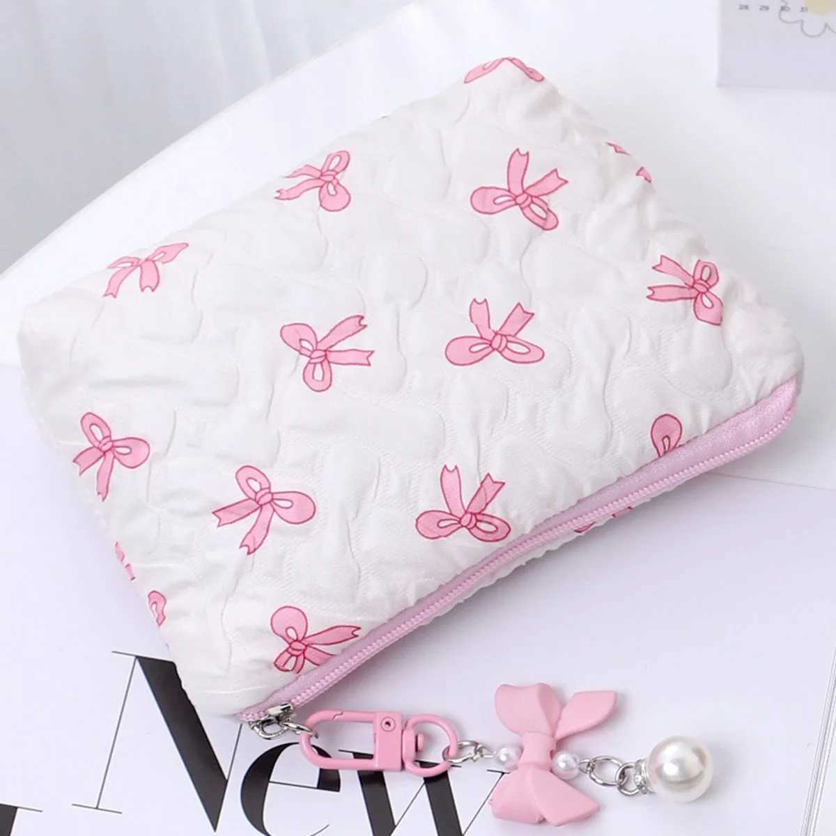 Embroidered bow makeup bag high appearance level coin purse storage bag cute large capacity highend makeup bagT251024