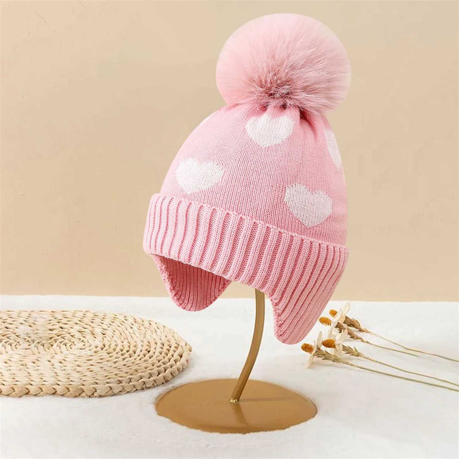 Girls Knitted Hat with Heart Pattern and Plush Ball Baby Winter Hats Warm HeadwearL251024