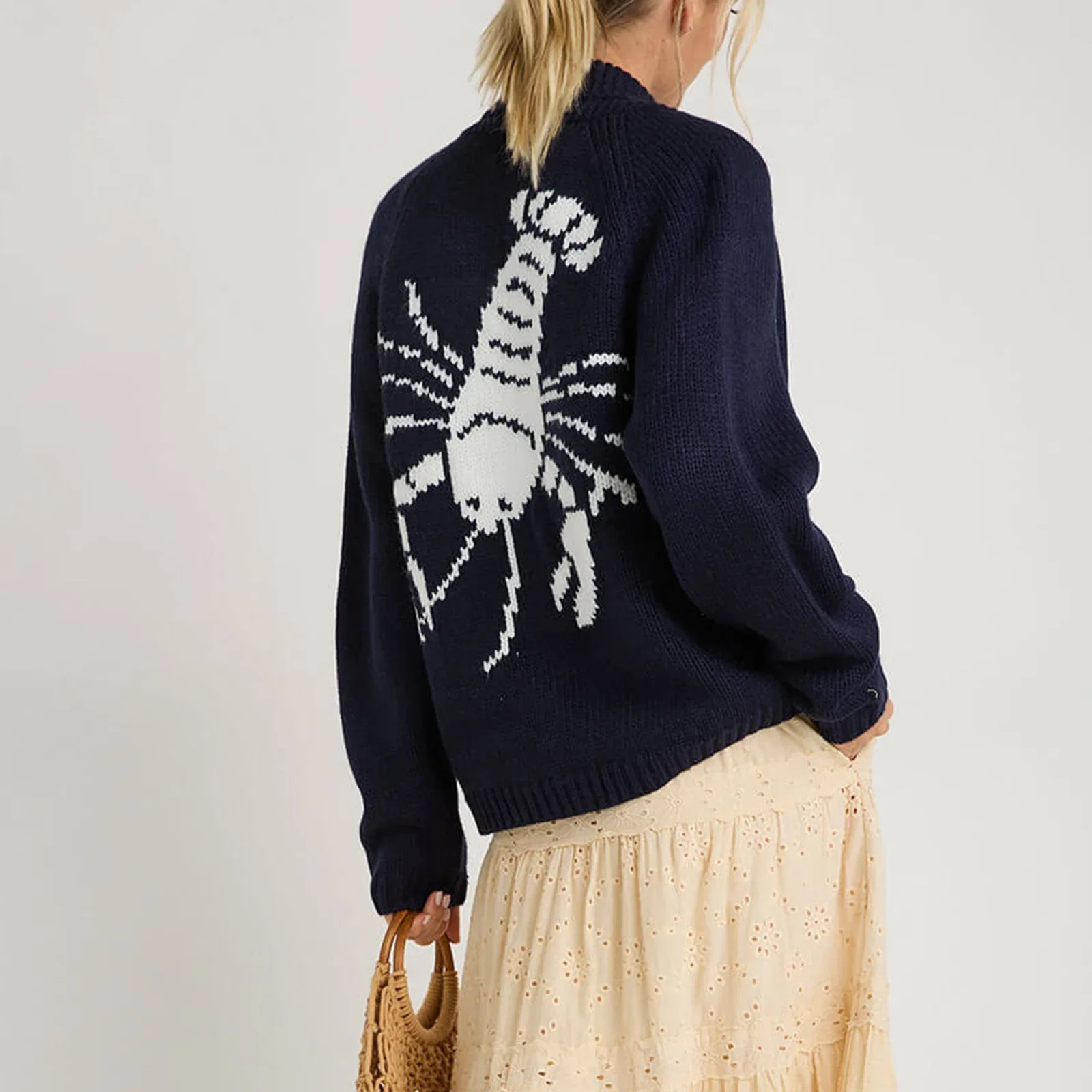 Women Knit Cardigan Sweater Coat Autumn Winter Long Sleeve V Neck Lobster Print Button Down Top Knitwear Female Outerwear Jacket 251013