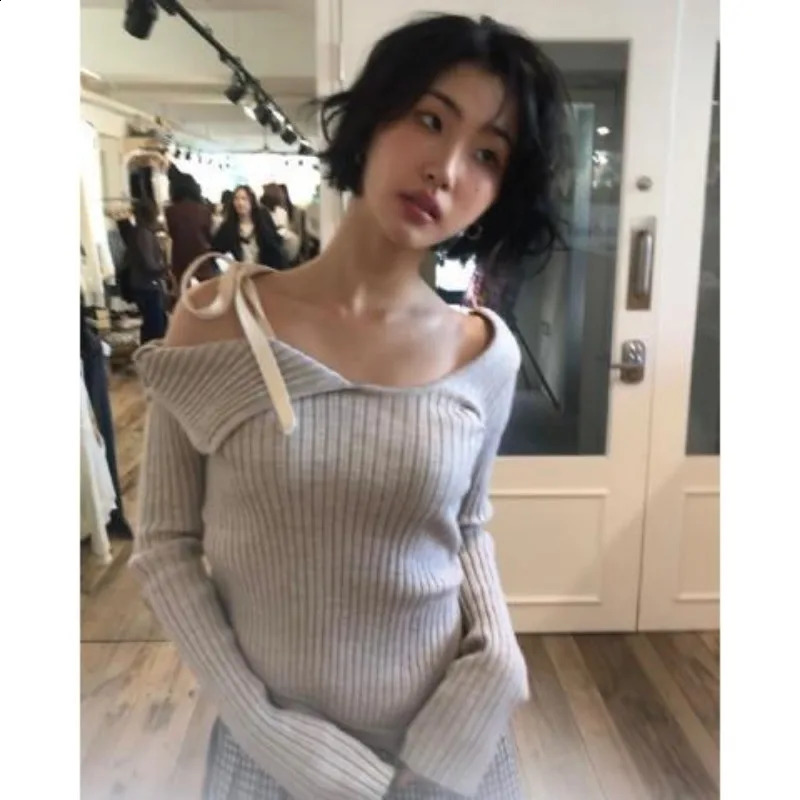Jumper Y2k Clothes Pullover Sueter Mujer Shirts Asymmetric Lace Up Bottom Top Slim Off Shoulder Crop Sweaters Knitted 251020