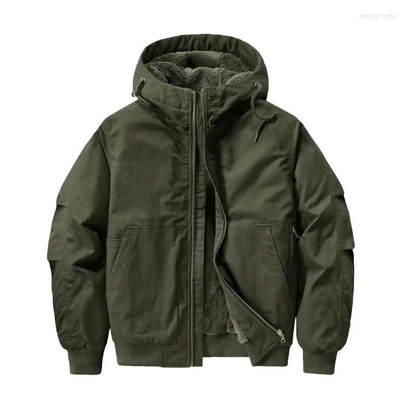 Men's Jackets Mens Thickened Cotton Jacket Winter Warm Velvet Lined Workwear Flight Short Hooded Plus Size Casual Outerwear For Men
