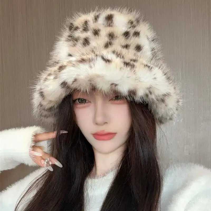 Leopard Plush Fisherman Beanie Hat Korean Style Face Recognition Bucket Hats Big Head Circumference Faux Fur Streetwear CapsL251024