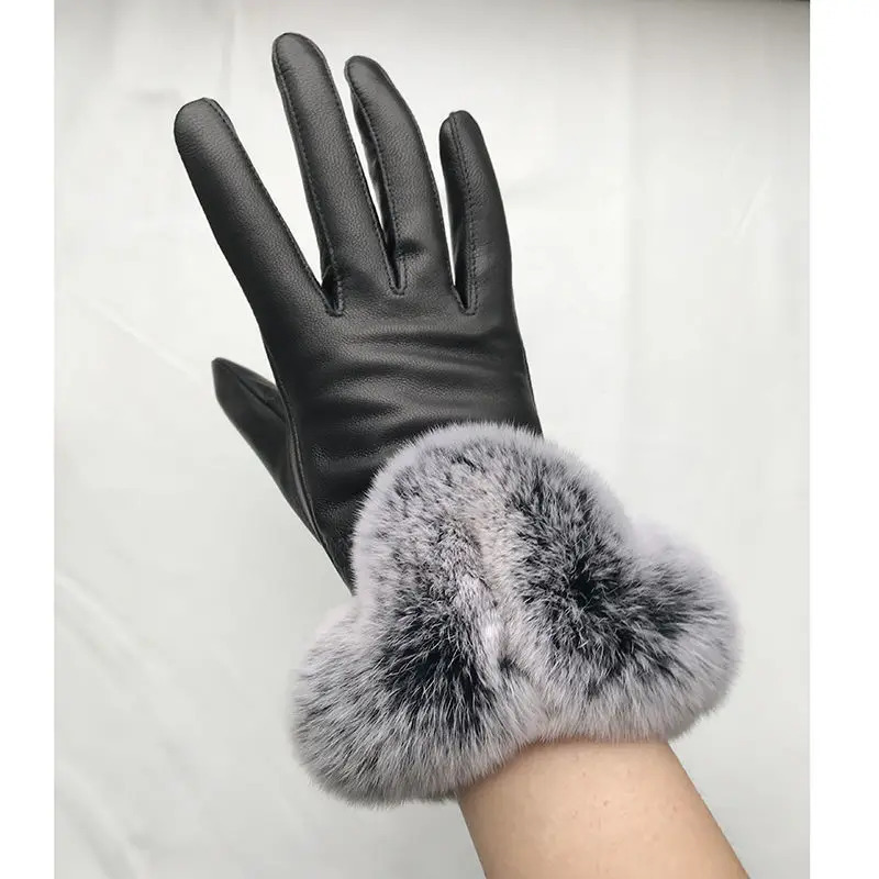 Women Winter Genuine Sheepskin leather Glove With Rex Rabbit Fur Cuff Warm Winter Female Genuine Leather Gloves Hand Warmer 251023