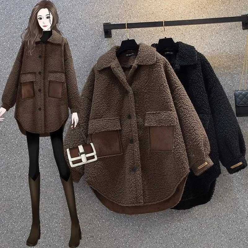 Plus Size Womens Autumn Winter Thickened Lamb Fur Jacket Chic Hong Kong Style n Slimming Outerwear Street Trend 251021