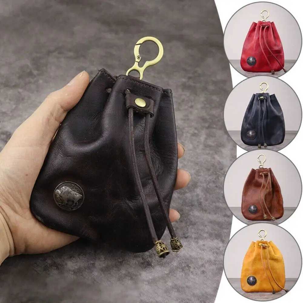 Solid Color Retro Genuine Leather Coin Purse Pouch Drawstring Wallets Car Key Bag Men Women Simple Hanging Bag Waist Purse Z251023